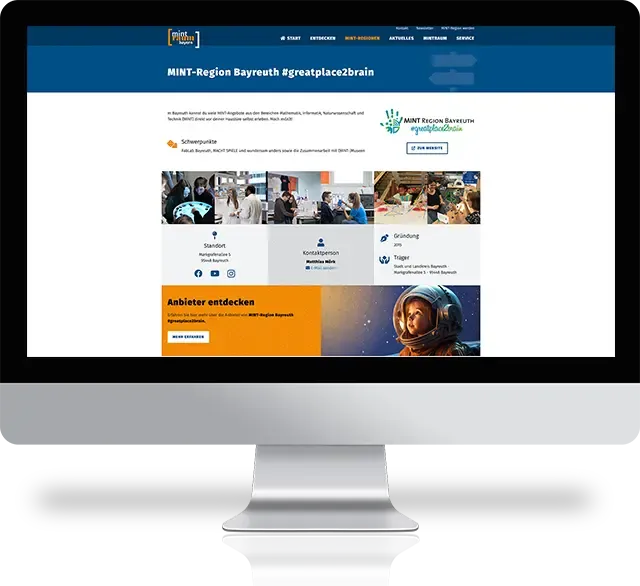 MINT-Region-Detailseite auf mintraum-Bayern-Website auf einem Desktop-Computer