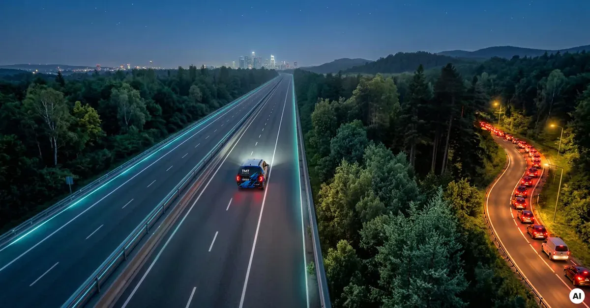 Eine freie Autobahn führt direkt auf die Frankfurter Skyline zu, während sich auf einer Nebenstraße der Verkehr staut