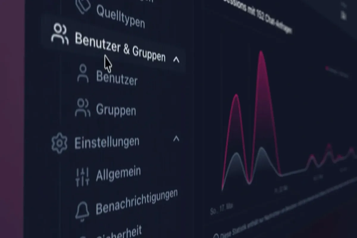 Administrationsbereich von iNFOFLOW mit den Menüpunkten „Benutzer & Gruppen“ und „Einstellungen“ sowie einer Nutzungsstatistik