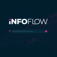 iNFOFLOW-Logo mit dem Eingabefeld „Fragen Sie iNFOFLOW, was es kann …“ vor einer pinkfarbenen Wellengrafik auf dunklem Hintergrund