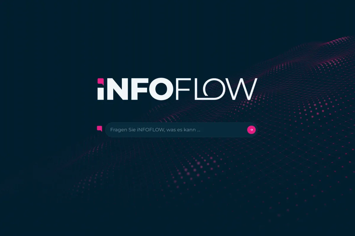 iNFOFLOW-Logo mit dem Eingabefeld „Fragen Sie iNFOFLOW, was es kann …“ vor einer pinkfarbenen Wellengrafik auf dunklem Hintergrund