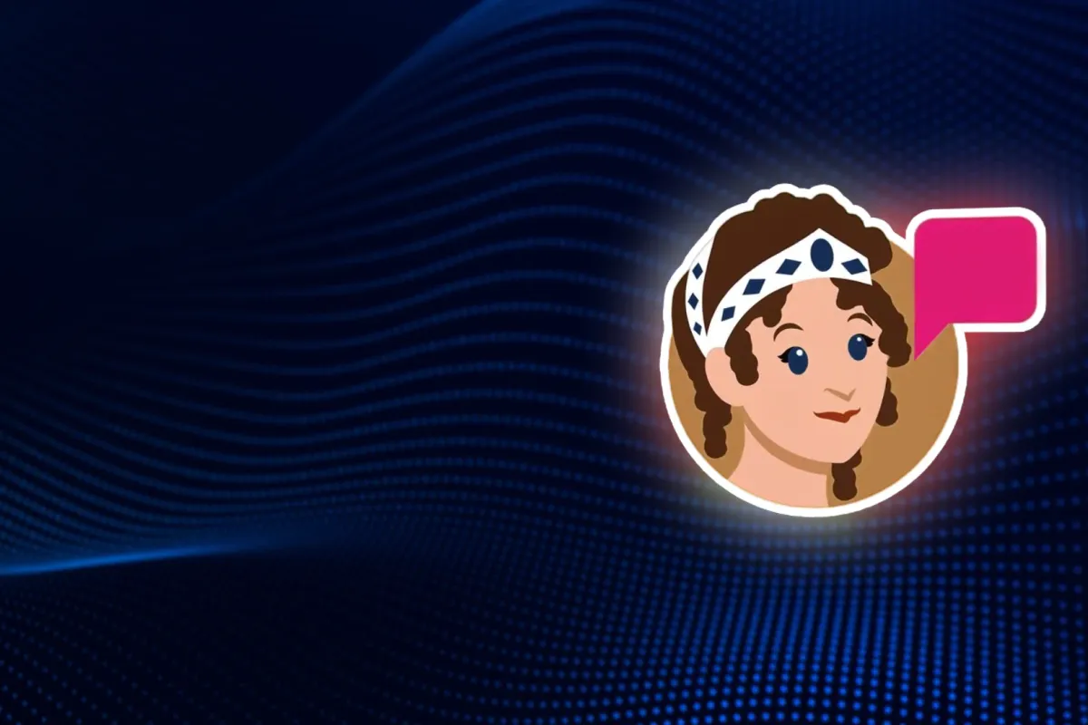 Illustrierte KI-Assistentin Luise mit Haarband und pinker Sprechblase vor dunkelblauem, digitalem Wellenhintergrund