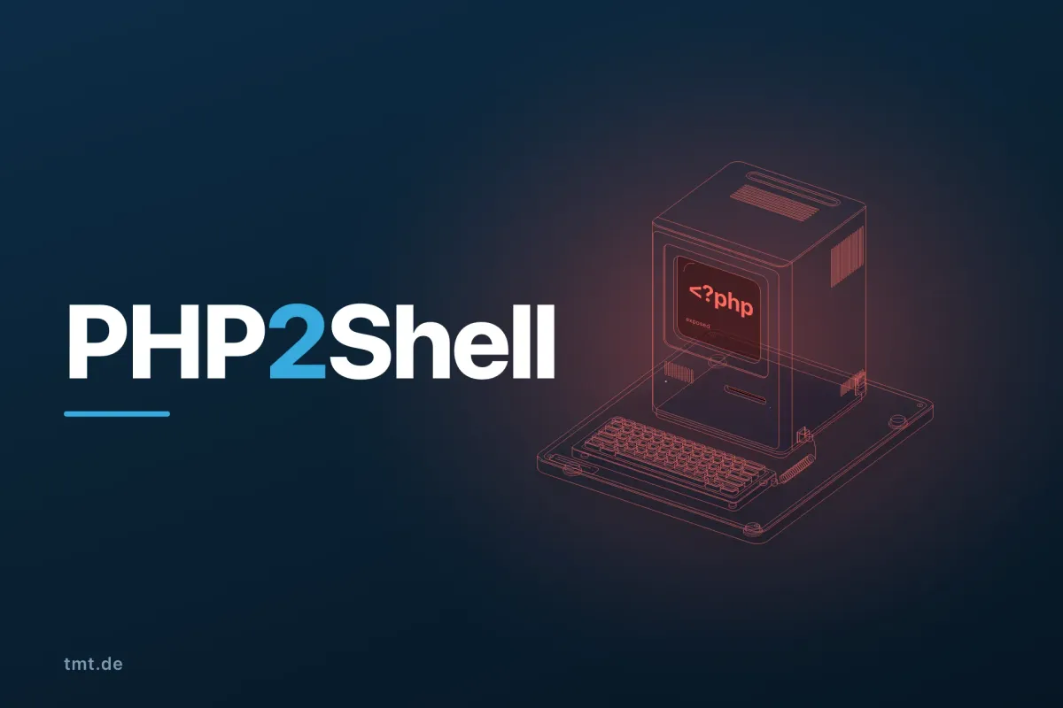Röntgenartige Linienzeichnung eines Retro-Computers, dessen Bildschirm rot leuchtend „<?php exposed“ zeigt, vor dunkelblauem Hintergrund