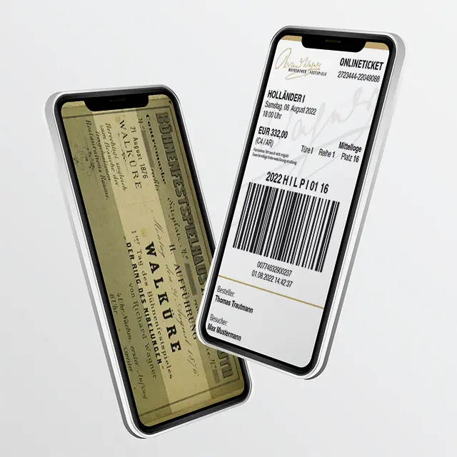 Ein digitales und ein traditionelles Ticket auf Smartphone-Bildschirmen.