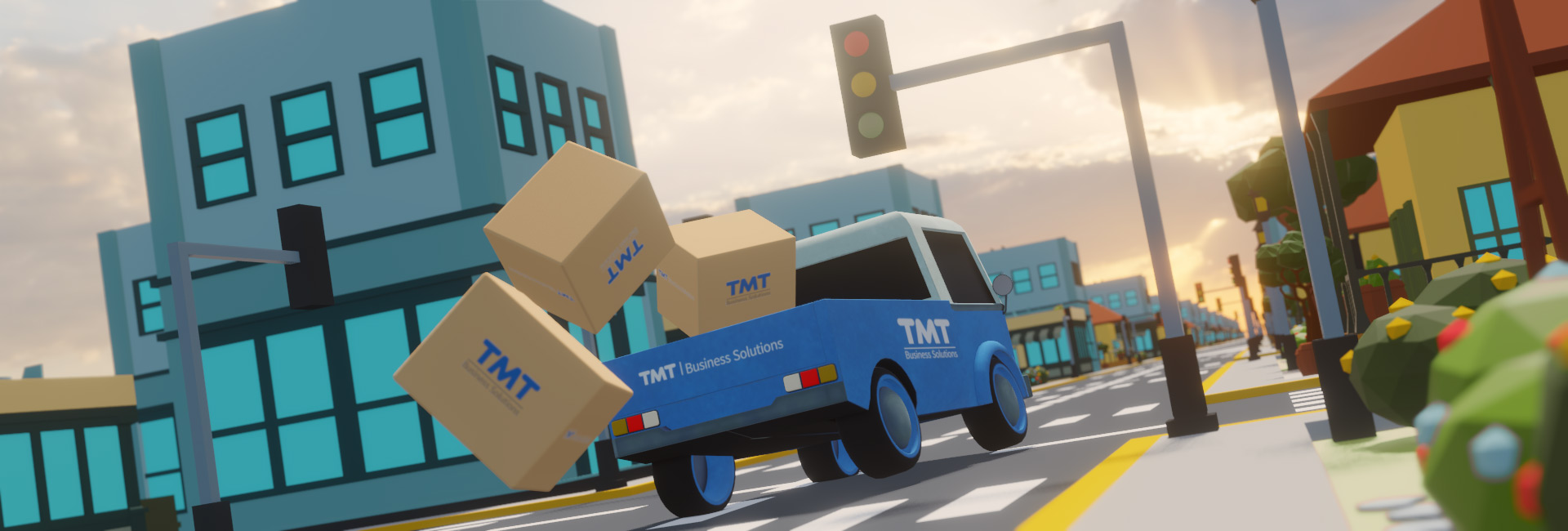 Eine Illustration eines TMT-Fahrzeugs auf der Straße, welches TMT-Kartons verliert