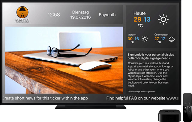 Apple TV mit Monitor und der App Sigmondo
